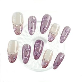 Lavender Pearl Fake Nails Press ons Manicure Kit for Women I French Tip Press on Nails Short I French Press Nail Kit Includes 10 Pcs Nails, Nail Glue, Dual Nail File, Cuticle Stick & Nail Buffer Block