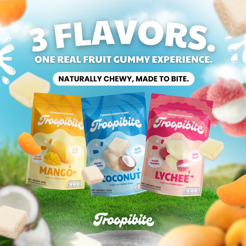Troopibite Mixed Real Fruit Gummies – Mango, Coconut, Lychee –