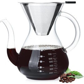 Pokaloti Coffee Server, Heat Resistant Glass, Coffee Pitcher, 33.8 fl oz (1,000 ml), Stylish, Drip Coffee Server, Stainless Steel Mesh Double Layer Filter, Repeated Usable, No Paper Filter Required,