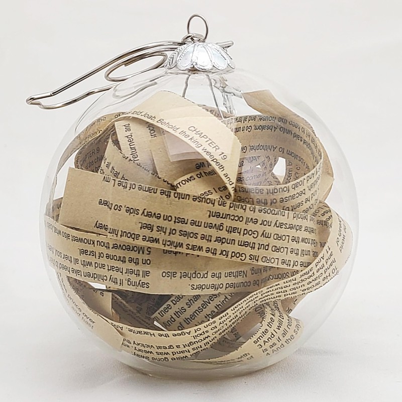 OKEA Pearlized Glass Ornament with Rescued Antiqued Bible Pieces Blessed