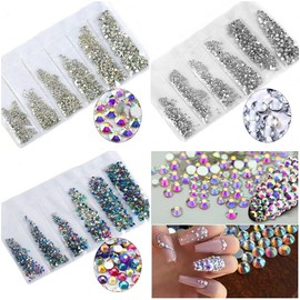 3 Pack 6 Size Nail Art Decoration Rhinestones Diamante Flat Back Glass Not Plastic Crystal AB Mixed Colour Gems