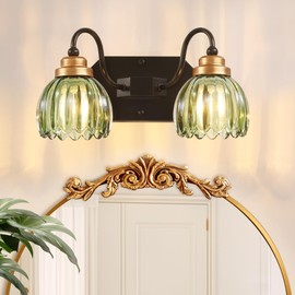 Vintage Bathroom Vanity Light, 2 Light Bathroom Lighting Fixtures Over Mirror, Mid Century Style Farmhouse Light Fixtures with Green Glass Shades, Black Finish Wall Mount for Bedroom, Living Room