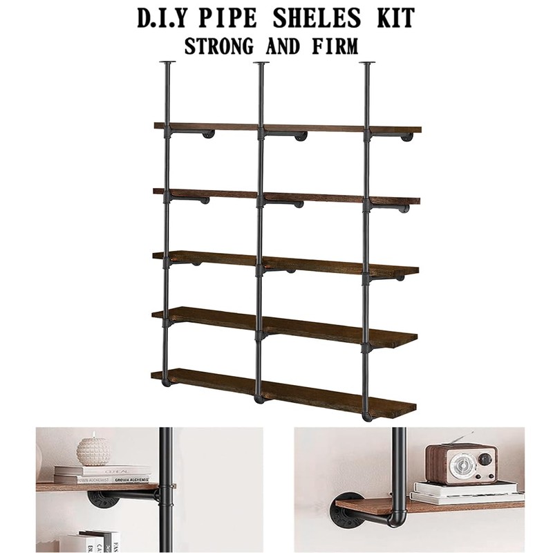 HITOMEN Industrial Iron Pipe Shelves, 3 Set 5-Tier 70.5" Tall