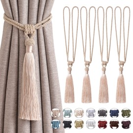 Pretty Jolly 4 Pack Long Tassel Curtain Tiebacks Handmade Braided Rope Knot Drape Tie Backs European Style Decorative Curtain Holdbacks for Home & Office Window Drapery (Dark Beige)