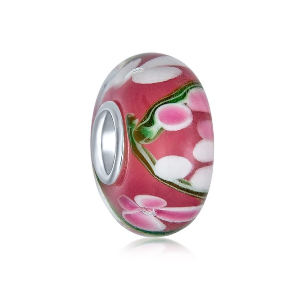 Murano Glass .925 Sterling Silver Core Floral Pink Hibiscus Flower