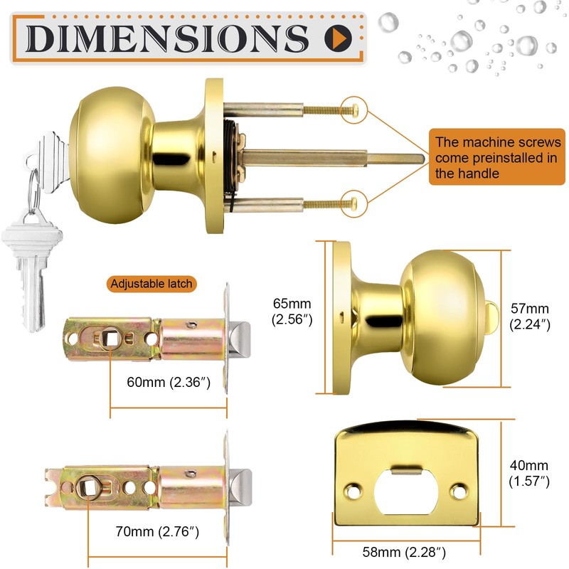 Probrico Gold Interior Door Lock with Round Ball, Polished Brass