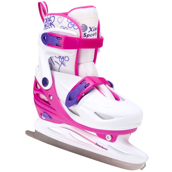 Xino Sports Adjustable Ice Skates - for Girls and Boys, Two Awesome Colors - Blue and Pink, Soft Padding and Reinforced Ankle Support, Fun to Skate!… (Pink, Small - Toddler (10-13))