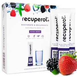 Recuperol Rehydration & Recovery Electrolytes Powder Supplement for Dehydration, Replace Electrolytes (Mineral Salts) & fluids, Zinc, Vitamin C, B12, D3, Potassium, Mixed Berry - 20 Sachets