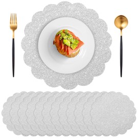 60 Pcs Silver Glitter Paper Placemats, 13.5 Inch Scalloped Disposable Placemats Round Sparkle Table Place Mats Decorative Paper for Birthday Wedding Banquet Party