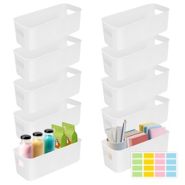 SHAIDOJIO 10PCS Plastic Storage Boxes, White Rectangle Storage Baskets with Handles-27 * 9 * 8cm, Kitchen Cupboard Storage with 1 Sheet Colorful Labels, Small Containers for Bathroom Shelf Toy Office