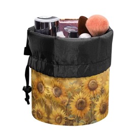 Poceacles Butterfly Sunflower Yellow Drawstring Makeup Bag, Travel Cosmetic Organizer Case, Foldable Make Up Bags for Women Portable Toiletries Accessories