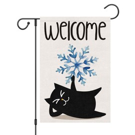 Wodison Winter Cat Garden Flag 12x18 Inch Double Sided Vertical, Burlap Welcome Winter Snowflake Holiday Outside Yard Decorative Flags