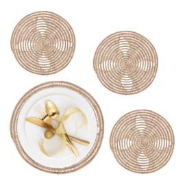 Relaxdays Table Mats, Set of 4, Natural Design, Palm Fibre, Round Placemat, Diameter 35 cm, Plate, Decoration, Dining Table, Natural
