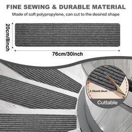 OXKVPVF Stair Treads for Wooden Steps - Non Slip Stairs Carpet Tape Peel and Stick with Double Adhesive Tape Set of 15 Stripe- Grey