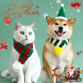 Aimondow Christmas Dog Cat Santa Scarf, Cat Winter Knitted Cute Scarf, Stripe Neck Warmer Costume for Cats Dogs, Pet Winter Clothes with Party Xmas Cosplay Gift for Pet Puppies Kitten (Red Green)