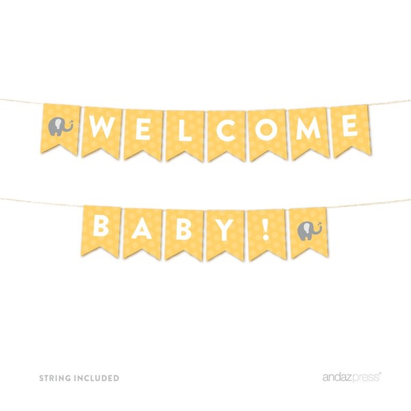 Andaz Press Colección de baby shower de elefante neutro de género amarillo, banderín colgante de fiesta con cuerda, bienvenida al bebé, 5 pies, 1 juego, decoración de papel