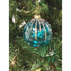 Wizardi Turquoise and Gold Striped Ball Glass Christmas Ornament F07M7-11-LH7..