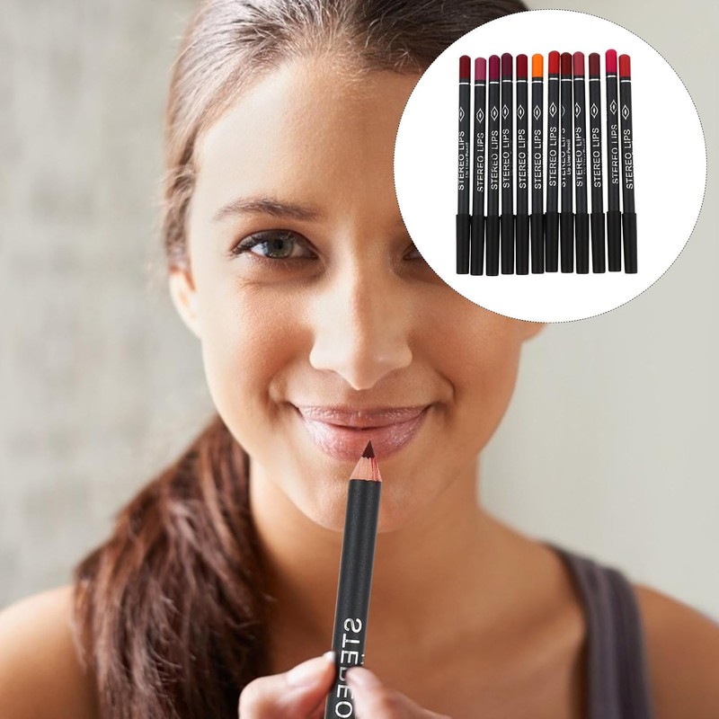 12 Piezas Delineador de Labios 12 Colores, Lápiz de Madera