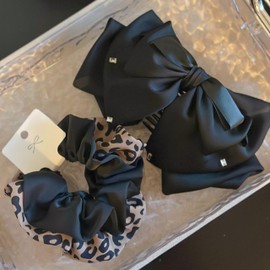 Fashion Hair Bows Set, Black Satin and Leopard Print, Hair Accessories with Rhinestone Details
