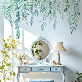 VePret Green Hanging String of Willow Wall Decals Peel and Stick, Large Plants Vinyl Wall Stickers, Removable Vine Home Decor Art for Bedroom Living Room Classroom Office