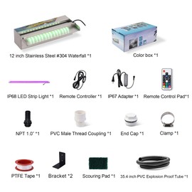 PONDO Pool Fountain, Stainless Steel Waterfall Spillway with Wider Water Flow Platform, Multi-Color LED Light & Spillway Cleaning Kit for Garden Outdoor Decoration (12 inch)