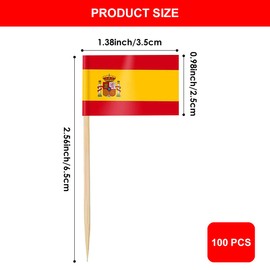 Spain Flag Skewers, Toothpick with Spain Flag, Spain Cocktail Stick Flags, Toothpick Paper Flag for Spain, Pack of 100 Spain Flag Toothpicks, for Cupcakes, Tableware Decorations