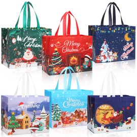Ceryvop 12Pack Christmas Gift Bags, Reusable large Christmas Tote Bags with Handles, Non-Woven Bulk Christmas Treat Bags for Gift Wrapping, Shopping Xmas Party Supplies, 12.8×9.8×6.7IN