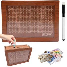 Money Box with Counter for 10,000 Euro, Removable Marking Wooden Money Box - Reusable Cash Box with Target Ticking
