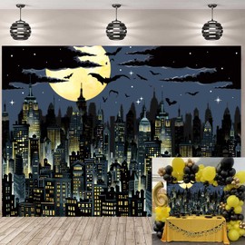 Super City Backdrop for Photography 7x5FT Yellow Full Moon Skyline Cityscape Superhero Background City Theme Boys Birthday Party Banner Decorations Photo Props