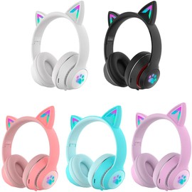 Cat Ear Bluetooth Headphones 5.0 with Lighted LEDs, Up to 8 Hours of Continuous Playtime, Wireless/Wired & Noise Cancelling, Built-in Mic, Adjustable Size, for Sports & Games (Adults & Kids)" (White)