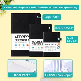 Address Book, Address and Password Keeper Book with Alphabetical Tabs, Hardcover Telephone Book Address Organizer Record with Pocket, Colored Pages, 5.3" x 7.7", Black