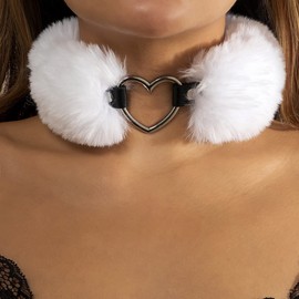 Bethynas Punk Hollow Heart Fluffy Choker Gothic Soft Fuzzy Collar Choker with Heart Charm Unique Warm Furry Necklace for Women (white)