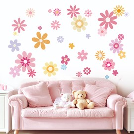 FUFUQUARE 8 Sheets Boho Pink Yellow Daisy Flower Wall Stickers