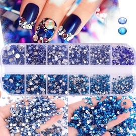 1500pcs Two Colors 6 Size Nail Art Rhinestones for Crafts Flatback Nails Pearls Bead Flat Back Pearls Gems for Nail Art Makeup, Shoes, DIY Craft Decorations (Blue)