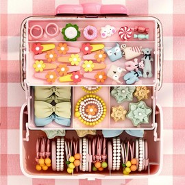 Hair Accessories Organizer for Girls Headbands, Clips, Ties Supplies, Lockable Three-layer Folding Craft Organizers and Storage Plastic Box (Pink, 27.5 * 15 * 14.5CM)