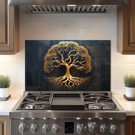 Tempered Glass Backsplash For Kitchen Behind Stove,The Golden Tree of Life,Stove Back Top Cover,Easy to Clean Glass Splashback, Sink Cover Splash Guard,Home Kitchen Wall Decor (30"x18"(76.2x45.72cm))