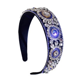 HNYYX Blue Rhinestone Baroque Headband, Vintage Crystal Padded Hairband, Fashionable Gemstone Hair Accessories, Women's Daily Headwear