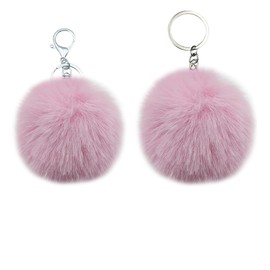 MMQXWZG 2 Pieces Pom Pom Keychain Artificial Rabbit Fur Puff Ball Pompom Key Ring Tote Bag Pendant for Women,pink