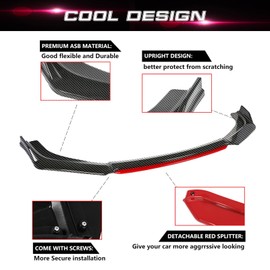 Xotic Tech Front Bumper Lip Chin Spoiler Splitter Diffuser Protector Body Kit Compatible with Honda Accord Civic or Volkswagen MK5 MK6 MK7 or Kia Optima or Mitsubishi Lancer, Carbon Black w/Red 4pcs