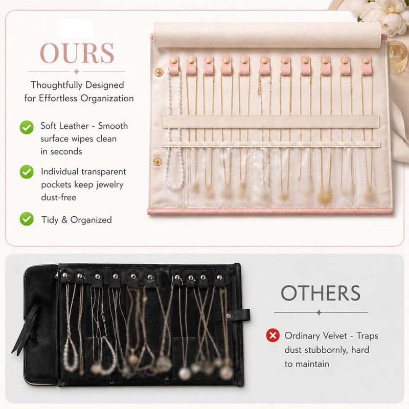Travel Jewelry Case, 12-Slot Tangle-Free Necklace Organizer Roll, Beige