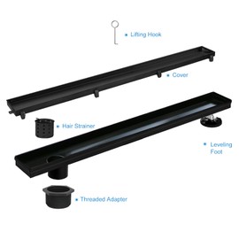 Elefloom Offset Linear Shower Drain, Black Shower Drain 36 inch with 2-in-1 Tile Insert Cover, Brushed 304 Stainless Steel Side Outlet Black Shower Floor Drain with Hair Catcher and Adjustable Feet