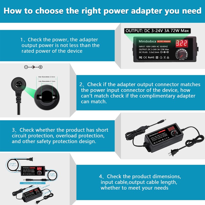 Minidodoca Universal Power Supply 3V~24V 3A 72W Adjustable Variable 3V