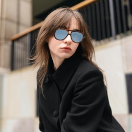 YAMEIZE Polarised Sunglasses Men Women Retro 70s Vintage Rectangular Sunglasses Polarised Aviator Glasses Double Bridge Glasses UV400 Protection, Transparent / grey