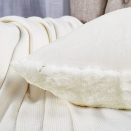 BYTIDE Ruched Faux Fur Square Throw Pillow Covers with Micromink Back 2 Piece Set, Luxury Plush Soft Cushion Case Pillowcase for Couch Bed Car Bedroom Living Room, 20 x 20 Inches, Cream