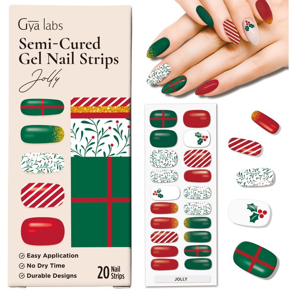 Gya Labs Jolly Nail Stickers, Long-Lasting Nails for Women, Semi-Hardened Gel Nail Strips (Pack of 20), Christmas Nail Stickers for Nail Art Kit, Nail Wraps, Stick on Nails, Nail Art Stickers, Festive