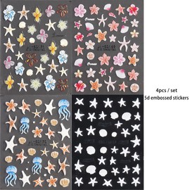 Fcozpjk 5D Embossed Ocean Nail Stickers, Summer Hibiscus Flowers Sticker for Nails Art Self-Adhesive Floral Decals Starfish Sea Shell Jellyfish Tropical Nail Stickers Pegatinas para Uñas