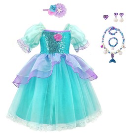 CREDIBLE NT5480 Princess Dress, Children's Cosplay Costume, Luxurious 7-Piece Set, Mermaid (Princess Dress, Mermaid Hair Ornament, Necklace, Bracelet, Earring, Ring, Original Goods) 39.4 inches (100