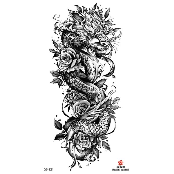 5 Sheets Temporary Dragon and Roses5 Tattoos with Roses