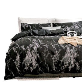 Spring Meow Black Duvet Cover Set Double Marble Bedding Set with Zipper Closure, Also as Quilt Cover or Comforter Cover, Double(200x200cm), 3 Pieces(1 Duvet Cover + 2 Pillowcases)