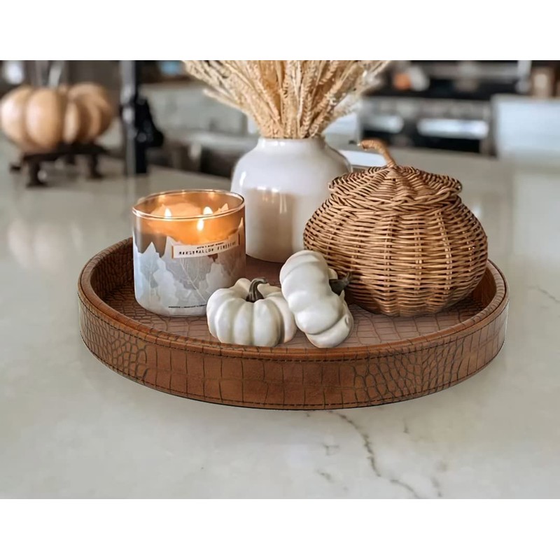 HofferRuffer Faux Leather Round Serving Tray, Vegan Croco Leather Decorative